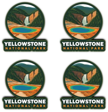 Aufkleber: 100 mm, 4 Stück - Yellowstone National Park Aufkleber Set Vinyl Rund 10 cm 4er Pack Outdoor Reise Motiv