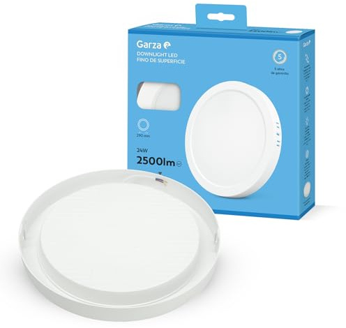Garza - Downlight LED Superficie, Circular, Plafón para techo, 29.5cm, 24W, 6500K Luz Fría, 2500lm, 30.000h, IP20, Blanco, Ahorro Energético 80%