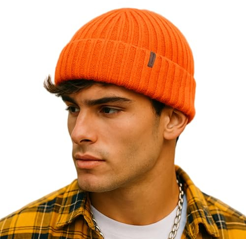 Comhats Fischer Mütze Herren Wollmütze Kurz Docker Haube Trawler Fisherman Beanie Hat Damen Merino Wolle Strick Winter Cap Großer Kopf Ski XL/XLL Orange