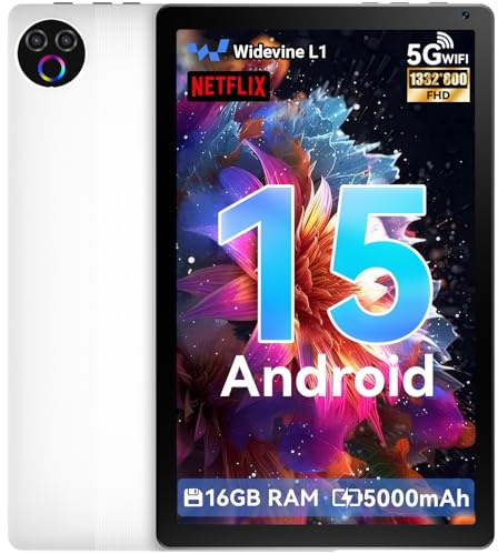 MUISOO Tablet 10 Inch Android 15, Tablets 16GB RAM 1TB Expandable, Android Tablet 1332 * 800 HD, 5G WiFi, BT5.4, 5MP Dual Camera, Tab PC 5000mAh Battery, GMS Widevine L1 (White)