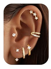 Roheafer 6 Paar Ohrringe Set für Damen Hypoallergene Edelstahl Flachrücken Stecker 14K Vergoldete Huggie Creolen Ohrstecker Cartilage Helix Conch Tragus Piercings