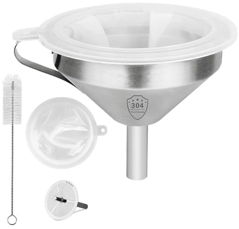 Edelstahl Trichter Set 4 Stück Küchentrichter Set Mit 13 Cm Trichter Abnehmbarer 200 Mesh Filter Edelstahlfilterelement Nylon Reinigungsbürste Zum Übertragen Von Flüssigkeiten Öl Saft Marmelade Pulver