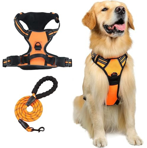 Zuggeschirr Hund, Hundegeschirr,Hunter Geschirr Hund,Hunde Geschirr,Sicherheitsgeschirr Hund,Anti-Zieh-Geschirr,Atmungsaktiv & Gepolstert,Für Hunde jeder Größe (Orange + Leine, XL (22–45 kg))