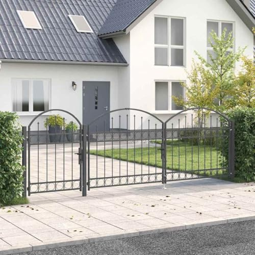 Grey Steel Garden Fence Gate, 400x175 cm Outdoor Metal Arch Top Entry, Durable Lockable Driveway Privacy Fence with Posts