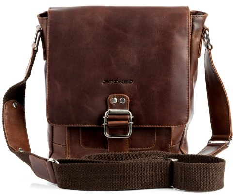 STOKED Umhängetasche NATHAN - Ledertasche mit Schultergurt klein - Schultertasche echt Leder braun-cognac