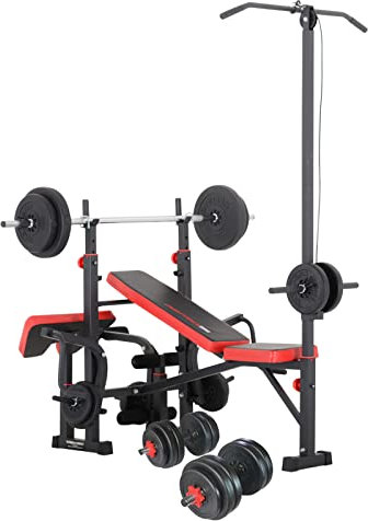 Multifunktion Hantelbank Kraftstation, geprüfte und zertifizierte Qualität, mit Hantelset aus Langhantel Kurzhantel Curlstange Hantelscheiben Gewichten bis 150 kg z. Wahl (+ 90 kg Lang- & Kurzhantel)