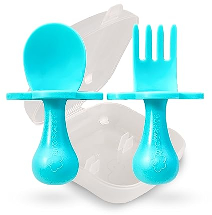 Grabease Ustensiles pour tout-petits Cuillères et fourchettes pour tout-petits Couverts pour bébé Fourchette pour tout-petits, sans BPA et sans phtalate et tout-petit, 1 ensemble, bleu sarcelle