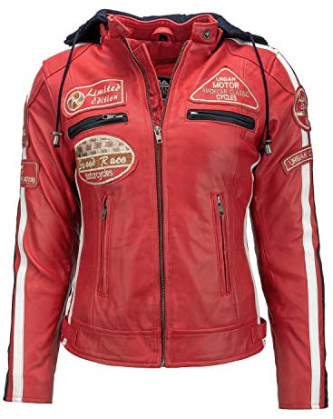 URBAN 5884 Giacca da motociclista da donna con protezioni, giacca in pelle di agnello, protezioni per schiena, spalle e gomiti | Rosso | 2XL