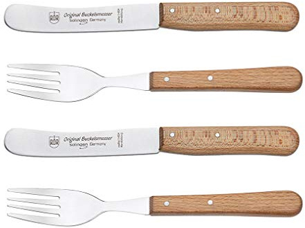 RÖR Besteck Set 4-teilig Buckelsmesser mit Glattschliff und Gabel - rostfrei mit Buchenholzgriff