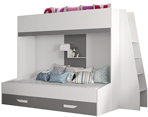 MEBLE KRYSPOL Party 17 Hochbett für Kinder, Jugendliche mit Stauraum - Etagenbett mit Schreibtisch, Kleiderschrank, Bücherregal und Trittleitern - 230x135x165 cm - Weiß, Grau, Weiß + Grau