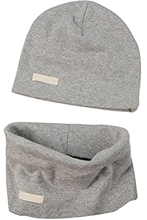 LACOFIA Baby Jungen Mädchen Beanie Mütze und Loop Schal Set Kinder Weiche 100% Baumwolle Strickmützen Kleinkind Hut und Kragen Schals Hellgrau 3-7 Jahre