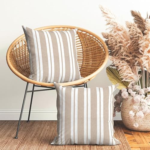 Encasa XO Kissenbezüge 2 Stück (40x40 cm) - Franca Beige Stripes - Weiche Baumwolle Leinwand Ungefärbt Rechteckige Kissenbezug Bunte Dekorative für Wohnzimmer Schlafzimmer Sofa Waschbar