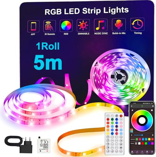 ONSTUY LED Strip 5m,Led Streifen Bluetooth RGB LED Band 5m Selbstklebend mit Fernbedienung und APP,Musik Sync,Farbwechsel LED Lichterkette LED Beleuchtung für Zimmer Party Deko