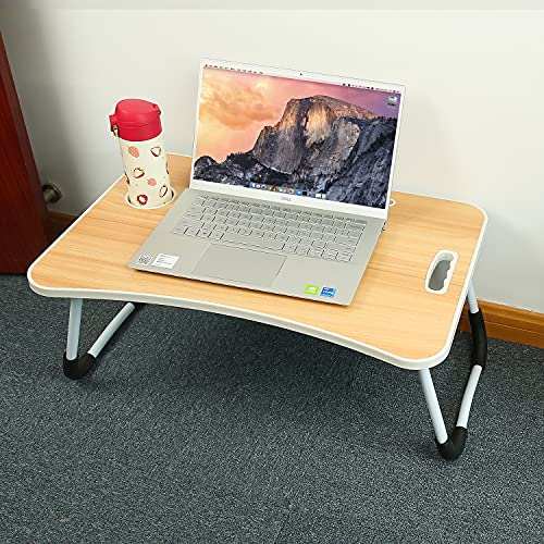 Tavolo da letto regolabile per computer portatile, tavolo da scrivania pieghevole con portabicchieri, vassoio da tavolo antiscivolo, dimensioni 26.9 cm H,59.9 cm L (colore legno)