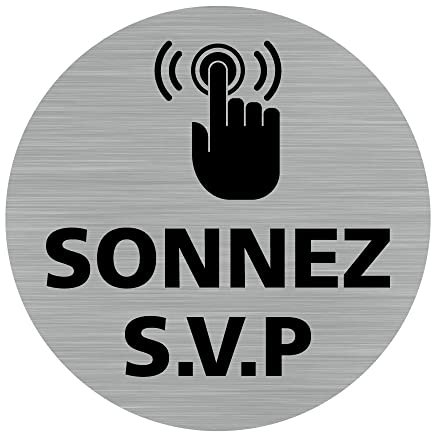 Pictogramme Sonnez S.V.P (Q0453). Autocollant Souple Effet alu brossé ou Plaque de Porte alu brossé EP 2mm au Choix - Diamètre 83 mm - Plaque Aluminium brossé - Plaque Aluminium brossé -