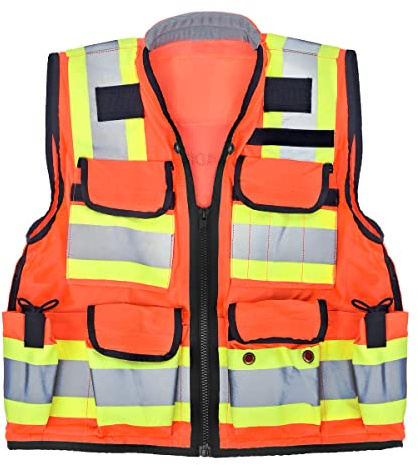 AdirPro Surveyor Safety Vest with Pockets - High visibility Reflective Construction Vest for Men - Class 2 Heavy Duty Vest ANSI Complaint for Contractors and Surveyors (Orange, Medium)