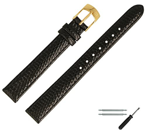 MARBURGER Uhrenarmband 12mm Leder Schwarz Gold Mit Naht - Montage Set 7801210000220