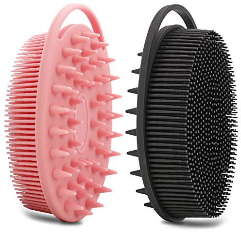 Lot de 2 brosses à récurer en silicone double face en luffa en silicone pour le corps et le cuir chevelu - Brosse de shampooing pour enfants sensibles, femmes et hommes - Toutes sortes de peaux (noir