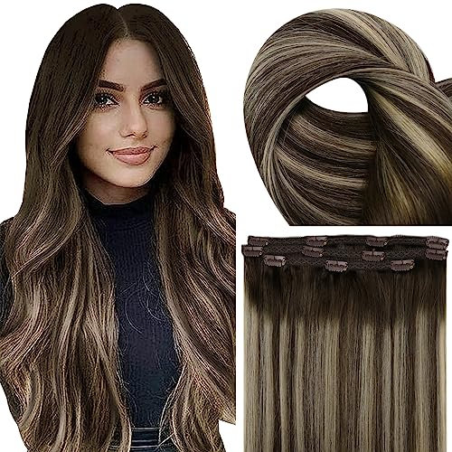 Fshine Echthaar Extensions Clip, 40cm 3 Stücke 50g Clip in Extensions Echthaar Glatt Haarverlängerung Balayage Dunkelbraun bis Hellblond Farbe 2 60 2