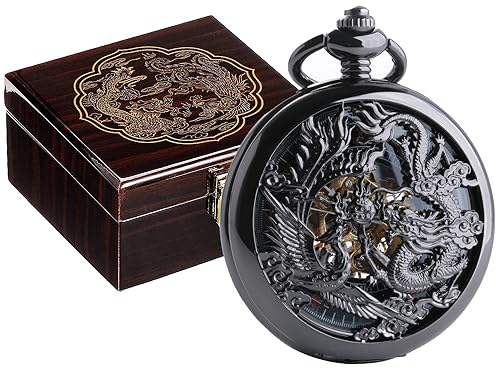 ManChDa Taschenuhr Lucky Dragon & Phoenix Vintage Mechanische Steampunk Skelett Römische Ziffern Schwarz Fob Uhr mit Kette für Männer Frauen, 1-b Schwarzes und dunkelbraunes Holzgehäuse, Vintage