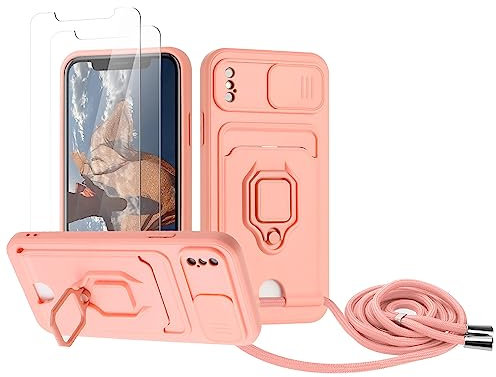 Zallagre Handykette Hülle kompatibel mit iPhone XS Max.[2 Stück] Schutzfolie Glas,Kameraschutz,360 Grad Ringhalter Stand,Kartenfach,Silikon hülle-Rosa