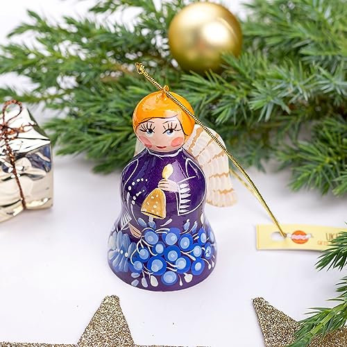 Christbaumschmuck Engel Holzanhänger Weihnachtsengel Figur und ein Glöckchen von Handarbeit Hochwertiges Kunsthandwerk für Weihnachten Schutzengel und Glücksbringer für ganzes Jahr