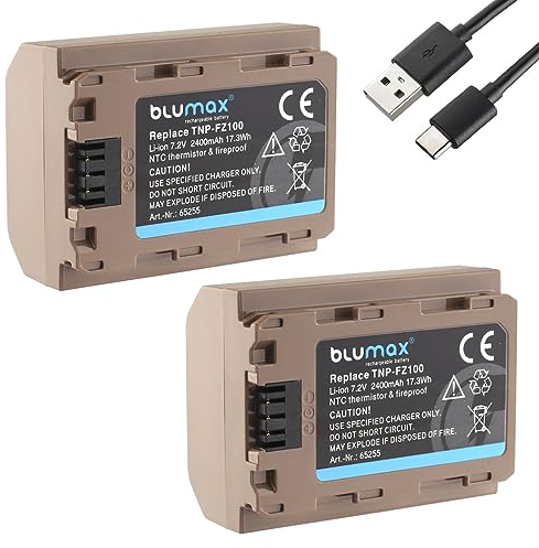 2X Blumax Akku kompatibel mit Sony NP-FZ100 |- 2400mAh mit USB Typ-C Ladebuchse - NTC-Sensor & V1-Gehäuse -| für Alpha 9 III A9 III / A7C A7 III - IV