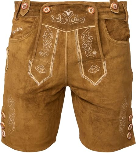 STEIGENHÖFER Lederhose Herren Tracht kurz - Anton - Trachtenhose mit Trägern - 100% Rindsleder - Traditionelle Echtlederhose - Ideal für Dein Oktoberfest Herren Outfit - Hellbraun - 62