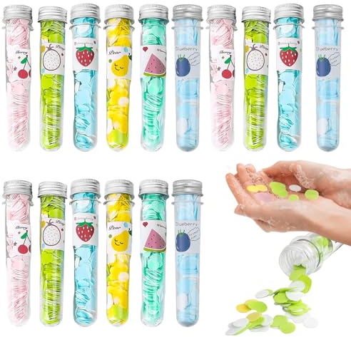 GBKDQQ 16 Stück Seifenblätter, Seifenblätter für Unterwegs Seife Tragbare Seifenblätter Einweg Papier Seife Mini Seife Scheiben SeifenbläTter für Camping, Wandern, Reisen(Fruchtserie)