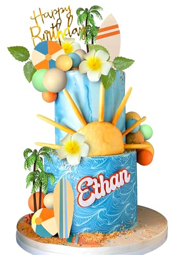 ZXSWEET Summer Beach Cake Topper with Palm Trees Leaves Balls Flowers Surfboards Happy Birthday Cake Decorations for Hawaii Beach Pool Theme Birthday Party Supplies