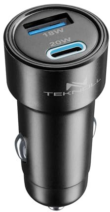 Teknoll - Caricabatterie Rapido 20W - 2 Porte: USB 18W Carica Adattiva + USB-C 20W Power Delivery - Led Attivo - Ricarica Sicura in auto - Adatto a tutti gli smartphone - Nero