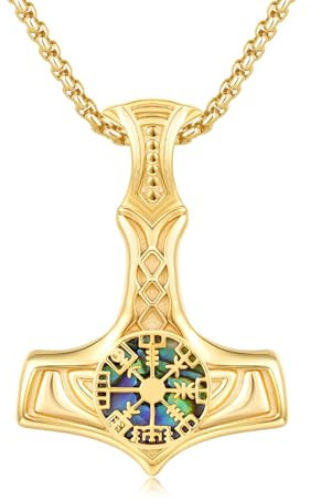 MEDWISE Thors Hammer Halskette 14K Gold 925 Sterling Silber Wikinger Keltisches Kette Mjölnir Anhänger Abalone Muschel Kette Wikinger Anhänger Schmuck für Damen Unisex Herren Weihnachts