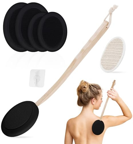 LOPHE Eincremehilfe für Rücken, 7pc Rückeneincremhilfe mit Langem Stiel und 4 Austauschbaren Pads, Rückencremer Applikator Rückenbürste, Duschbad Körperwaschbürste Rückenpflege(Schwarz)