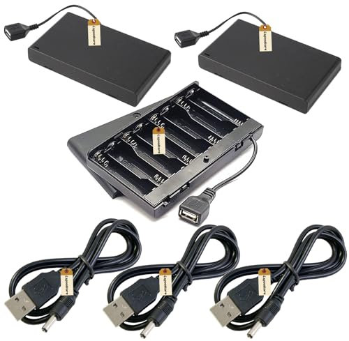 Lsgoodcare 3Pcs 8Slots AA Battery Holder Box, Battery Case With USB Power Port Diy With Cover With Switch + 3Pcs USB to DC 3.5mm Power Jack Plug Adapter Cable