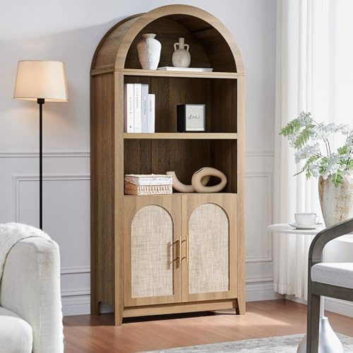 RowyPoey Gewölbter Schrank, Bücherregal, 176 cm hoch, gewölbte Vitrine, abgerundetes Bücherregal mit Rattantüren, offenes Regal, Aufbewahrungsschrank für Esszimmer (Karamelleiche)