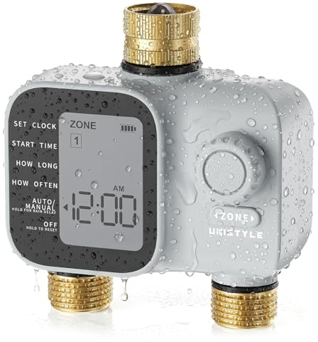 Minuteur d'arrosage à 2 zones avec entrées et sorties en laiton, programmable Unistyle pour tuyau d'arrosage, minuterie de tuyau étanche IP55 avec minuteries d'irrigation manuelles et pour cour et