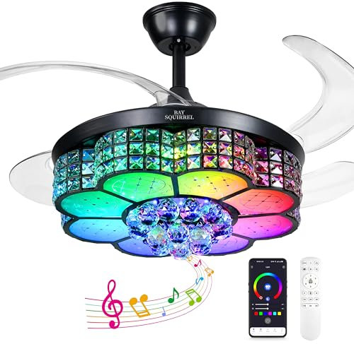 BAYSQUIRREL Ventilador de Techo Retrctil de Vidrio Negro con Luz, Bluetooth, Altavoz y Control Remoto/Aplicacin, 6 Velocidades, 106 cm