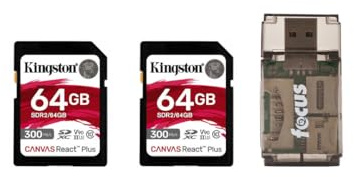 Kingston Canvas React Plus 64GB U3 V90 SD Card (2-Pack) Bundle with Focus All-in-One High Speed Card Reader (3 Items)