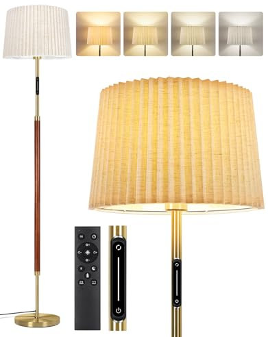 OUTON Holz Stehlampe, Mid-Century Modern Dimmbar Stehleuchte mit Fernbedienung & Touch-Steuerung, 4 Farbtemperaturen, 1H Timer, LED Stehlampe mit Doppelschirm für Wohnzimmer, Schlafzimmer, Büro