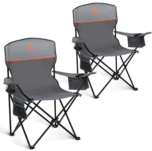 ALPHA CAMP Set of 2 Folding Camping Chairs, Camping Chair for Adults, Grey | Cooler Bag & Cup Holder & Side Pocket Up to 120kg, Lightweight and Portable