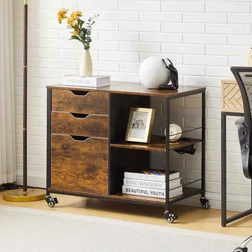 TUKAILAI Rollcontainer Holz, Aktenschrank mit 3 Schubladen und 2 offenen Fächern, Büroschrank mit Hängeregister, Druckerschrank mit Rollen, 75x40x65,5 cm (Vintagebraun)