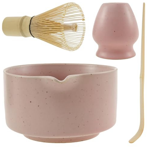 4 Pcs Matcha Whisk Set Japanese Matcha Tea Set Ceramic Matcha Bowl Bamboo Matcha Whisk and Bamboo Scoop Reusable Matcha Making Kit for Tea Lovers (Pink)