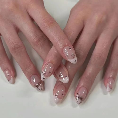 Almond French False Nails, 24Pcs Pink Press on Nails with Bowknot Heart Pattern, Removable Glue-on Stick on Nails Acrylic Full Cover Fake Nail Accessories for Women Girls Nail Art Manicure