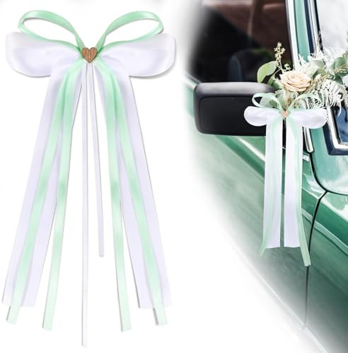 BOFUNX 20 Stücke Autoschleifen Hochzeit Weiß Grün mit Holz Herz Hochzeitsschleifen Hochzeitsdeko Autoschmuck Geschenkschleife