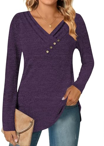 DUOEASE Magliette Donna Manica Lunga Leggero Pullover Scollo a V Elegante Casual Maglione