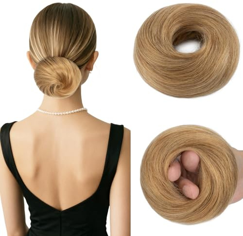 MY-LADY Haarteil Mit Gummiband Dutt Haarteil Haargummi Mit Haaren Glatt 100% Echthaar, Hochsteckfrisuren Haarverlängerung für Damen Mädchen (#27 Dunkelblond,30g)