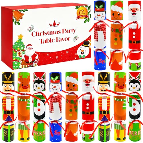 WODMAZ 12 Pack Christmas Non-Snap Party Favors, Christmas Crackers Poppers with Party Hat, Joke & Gift Inside for Xmas Gifts Holiday Party Favors Table Decorations