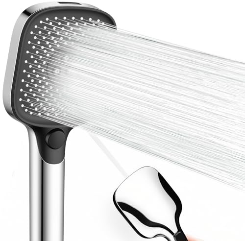 Ronvie Rain Shower Head, Chrome Plated High Pressure Shower Head with 3+1 Modes, 110mm Large Square Panel, Universal Water Saving Large Showerhead with Self-Cleaning Silicone Nozzle