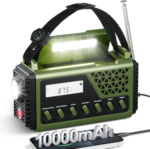 Gemmac 10000mAh Radio a Pilas con Bluetooth, Am/FM/SW Transistor Radio Solar de Emergencia con Manivela Portátil Pequeña Power Bank, Alarma SOS, Brújula, Linterna, Luz de Lectura para Supervivencia