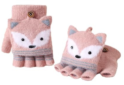 1 paire Mitaine Fille Garçon, Gants Sans Doigts pour Enfants Gants pour Enfant en Forme de Lapin Mitaines pour Enfants Motif Dessin Animé Moufles avec Rabat à Bouton Gant Chauds Pliants Adaptés